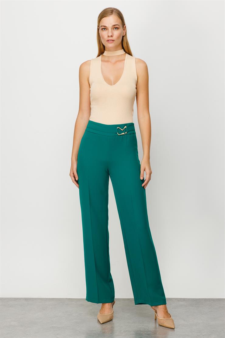 Modailgi  Beli Metal Toka Detaylı Pantolon Yeşil