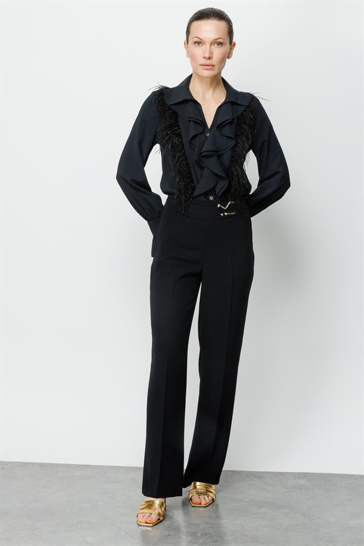 Modailgi  Beli Metal Toka Detaylı Pantolon Siyah