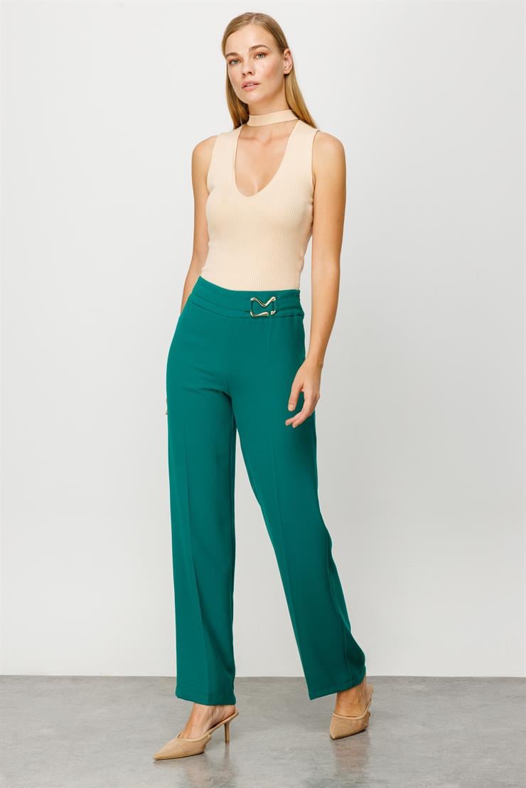 Modailgi  Beli Metal Toka Detaylı Pantolon Yeşil
