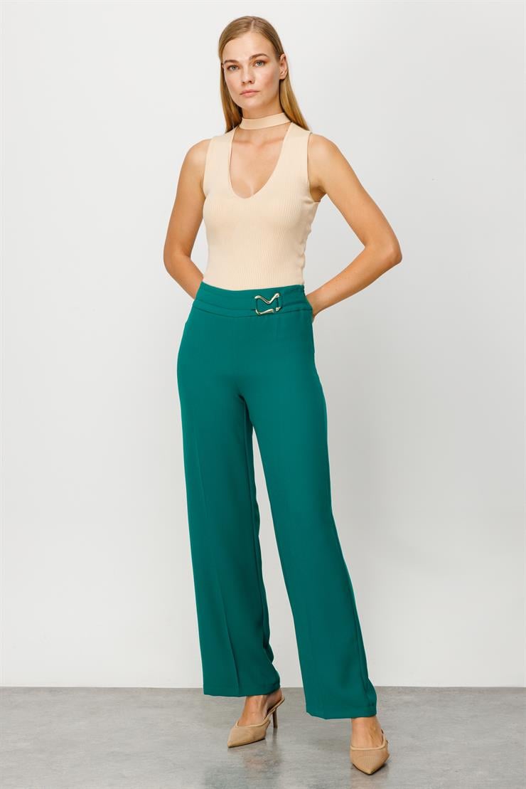 Modailgi  Beli Metal Toka Detaylı Pantolon Yeşil