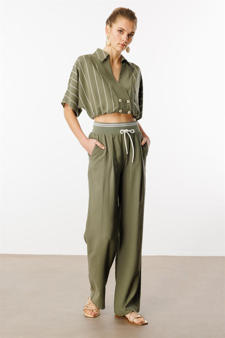 Modailgi  Beli Ribanalı Pileli Yan Cepli Yüksek Bel Bol Pantolon - 15020,10021 Haki