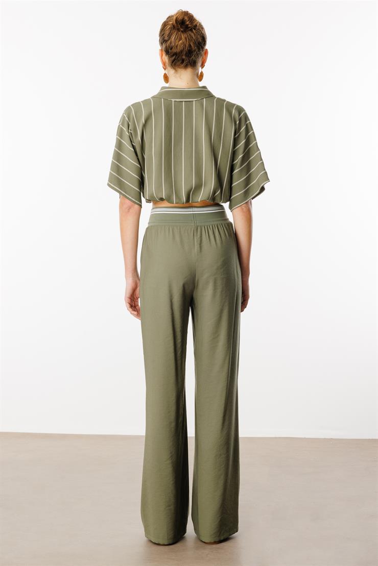 Modailgi  Beli Ribanalı Pileli Yan Cepli Yüksek Bel Bol Pantolon - 15020,10021 Haki