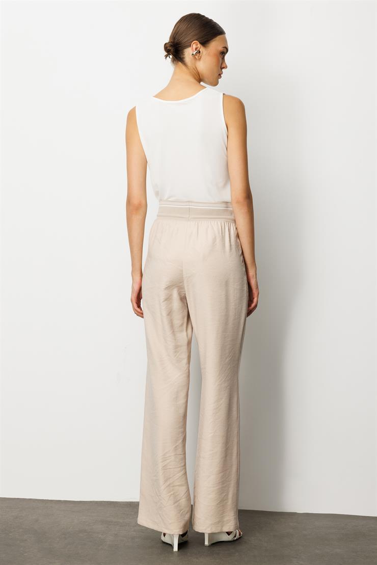 Modailgi  Beli Ribanalı Pileli Yan Cepli Yüksek Bel Bol Pantolon - 15020,10021 Taş