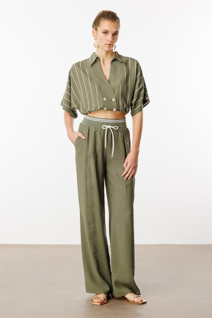 Modailgi  Beli Ribanalı Pileli Yan Cepli Yüksek Bel Bol Pantolon - 15020,10021 Haki