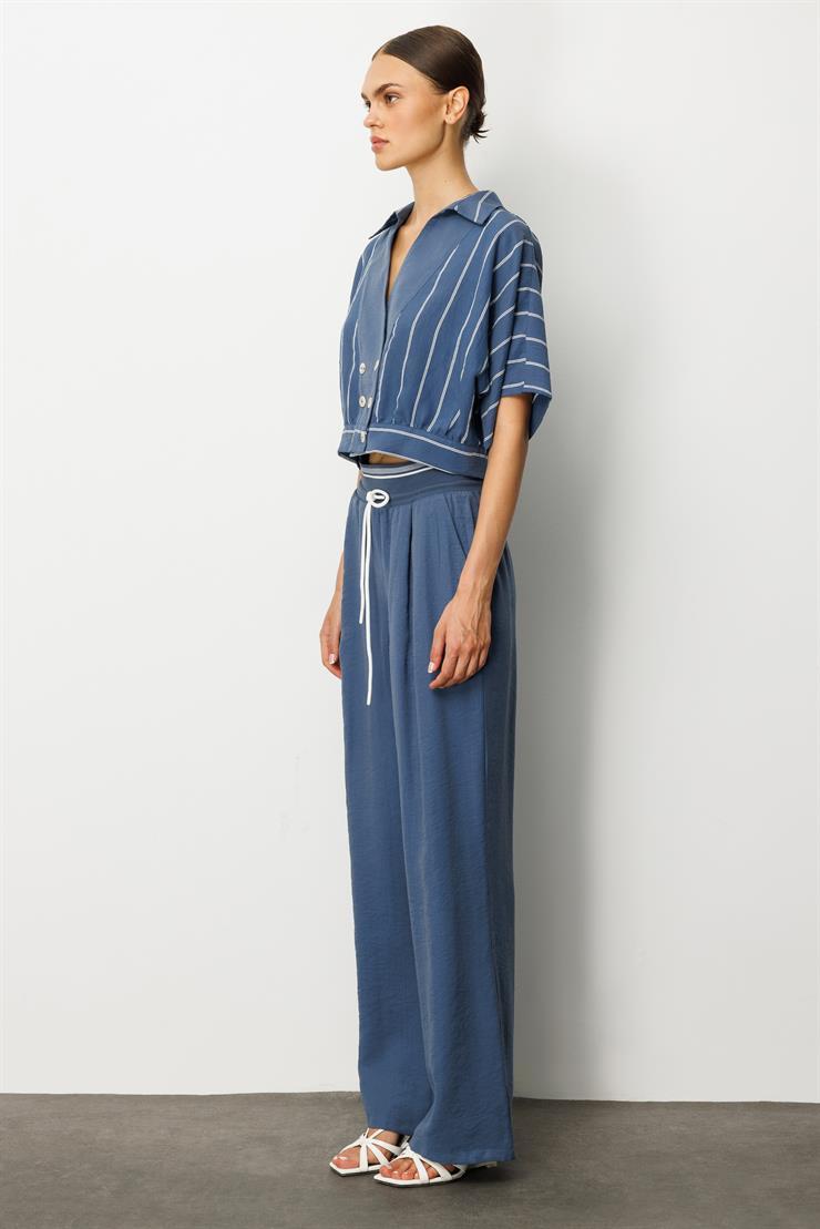 Modailgi  Beli Ribanalı Pileli Yan Cepli Yüksek Bel Bol Pantolon - 15020,10021 İndigo