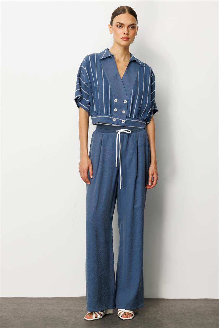 Modailgi  Beli Ribanalı Pileli Yan Cepli Yüksek Bel Bol Pantolon - 15020,10021 İndigo