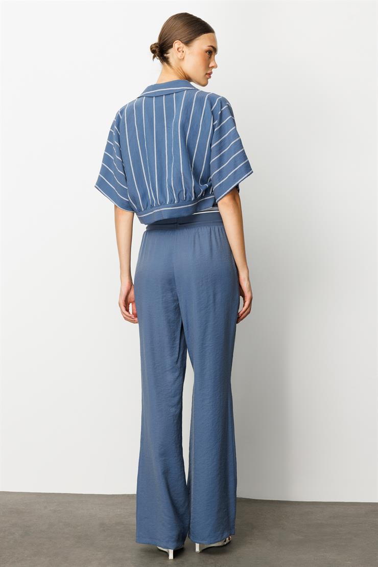 Modailgi  Beli Ribanalı Pileli Yan Cepli Yüksek Bel Bol Pantolon - 15020,10021 İndigo