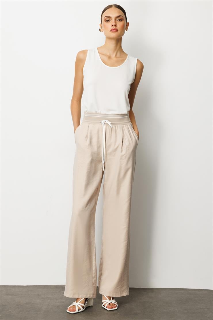 Modailgi  Beli Ribanalı Pileli Yan Cepli Yüksek Bel Bol Pantolon - 15020,10021 Taş