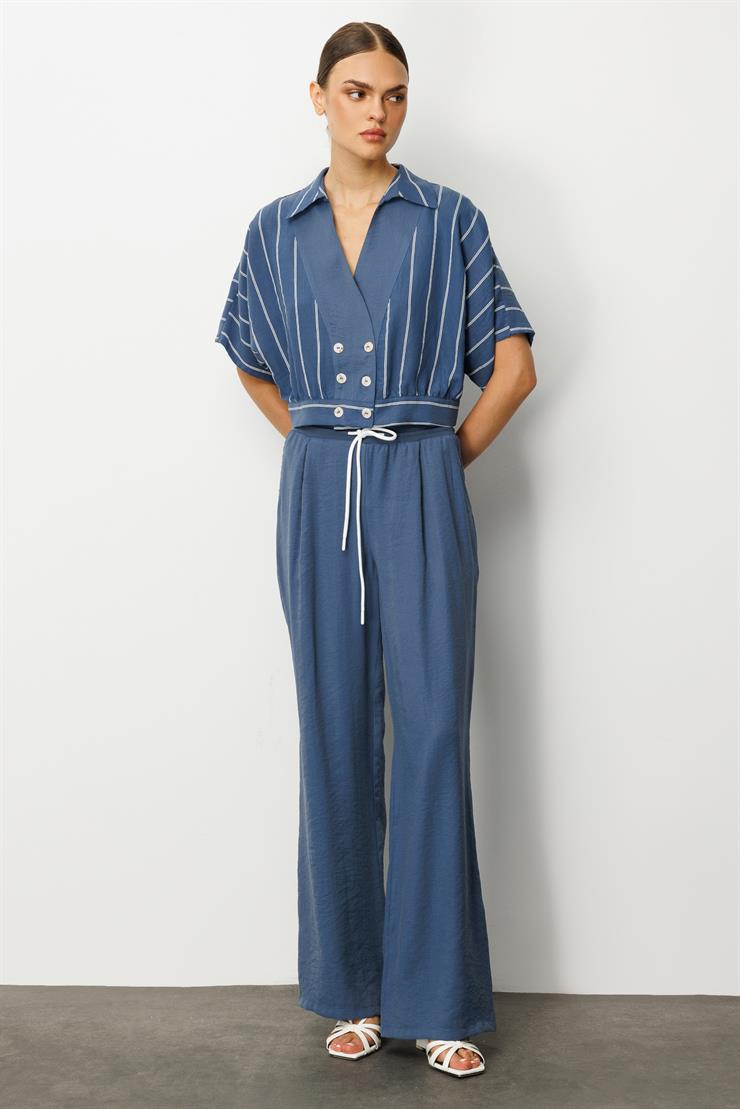 Modailgi  Beli Ribanalı Pileli Yan Cepli Yüksek Bel Bol Pantolon - 15020,10021 İndigo