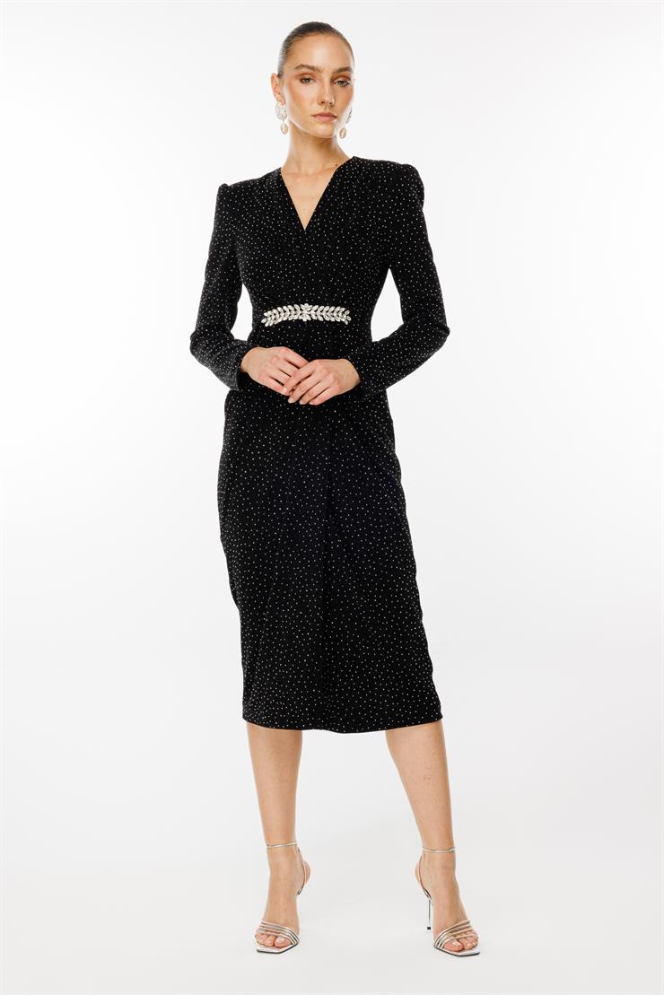 Modailgi  Beli Taş Aksesuarlı Kruvaze Taşlı Örme Elbise Siyah