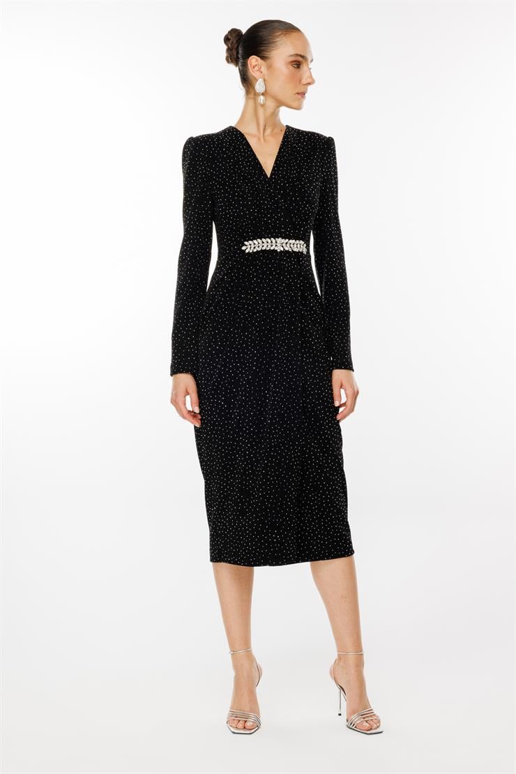 Modailgi  Beli Taş Aksesuarlı Kruvaze Taşlı Örme Elbise Siyah