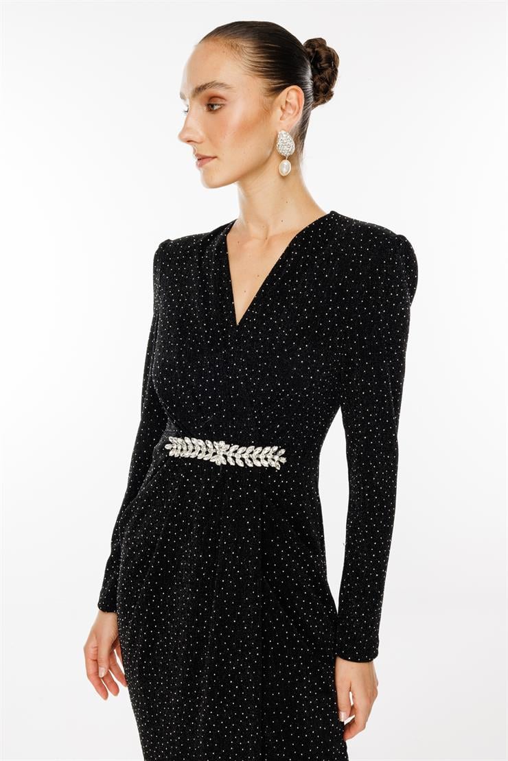 Modailgi  Beli Taş Aksesuarlı Kruvaze Taşlı Örme Elbise Siyah