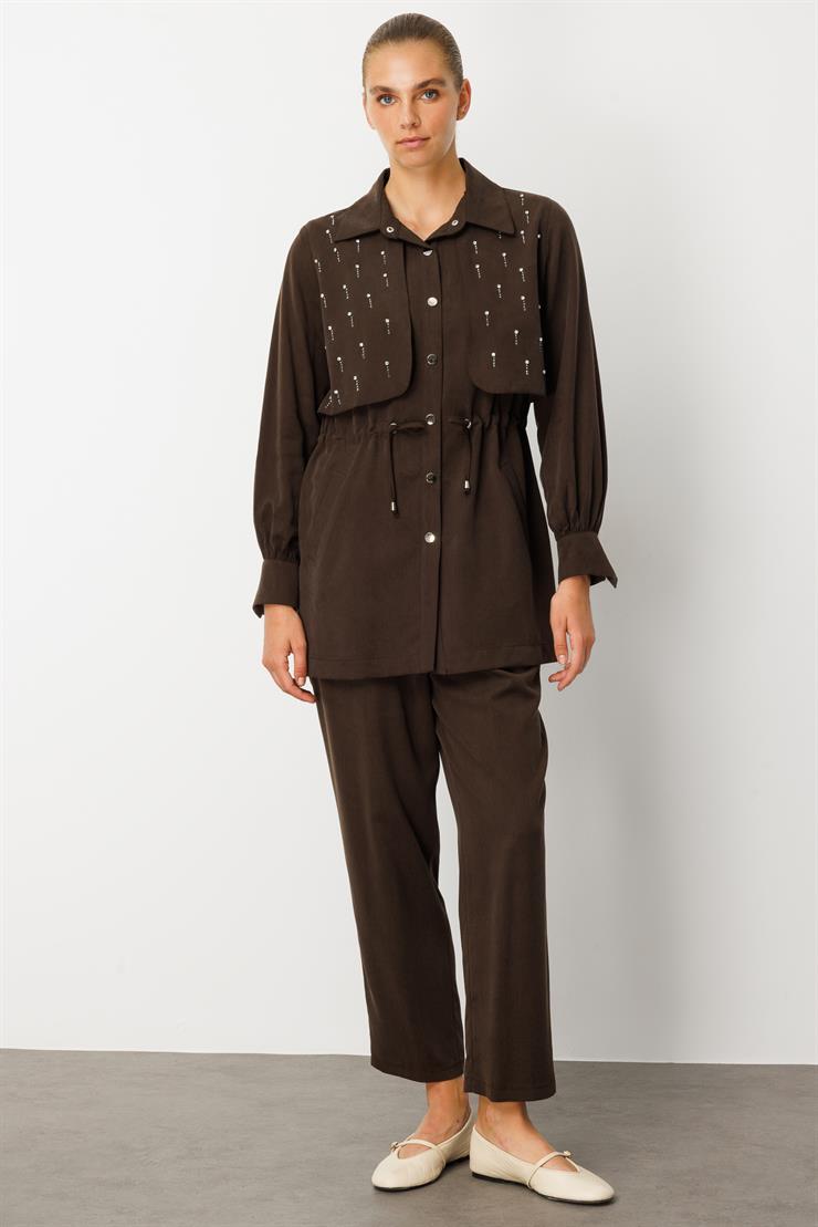 Modailgi  Beli Tünel Bağlama Rüzgarlık Detaylı ve Taşlı Tunik - 40040 Kahve