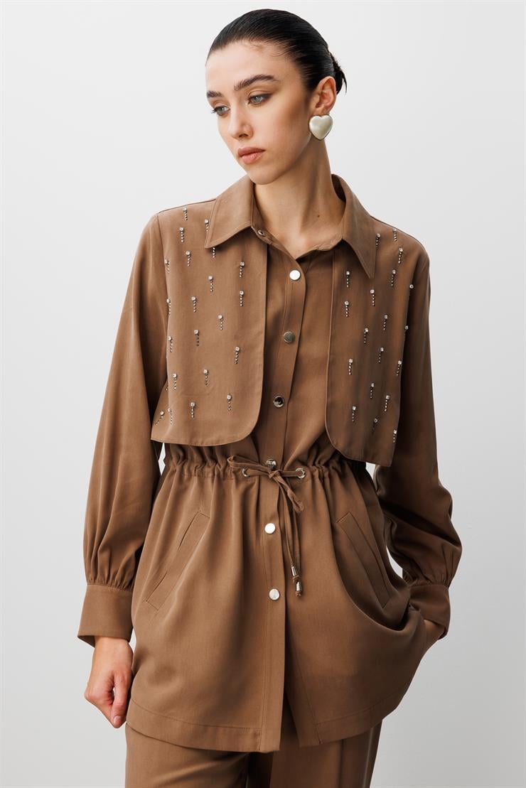 Modailgi  Beli Tünel Bağlama Rüzgarlık Detaylı ve Taşlı Tunik - 40040 Vizon