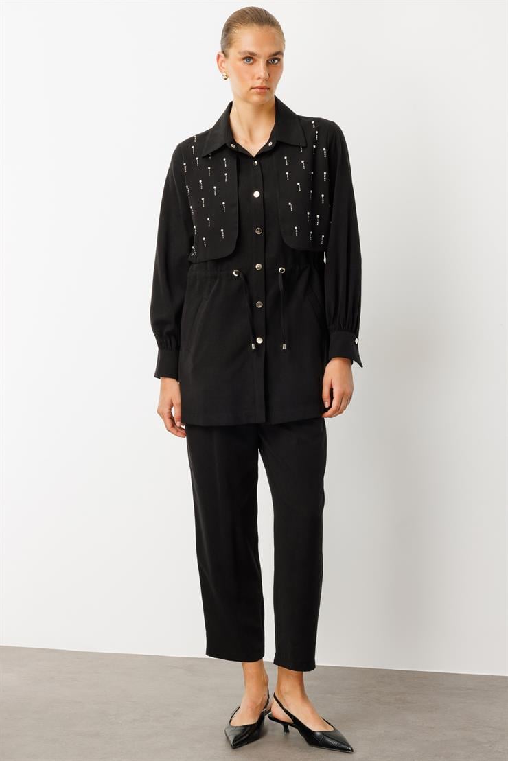 Modailgi  Beli Tünel Bağlama Rüzgarlık Detaylı ve Taşlı Tunik - 40040 Siyah