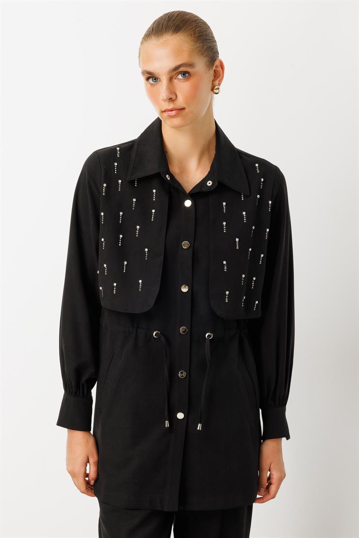 Modailgi  Beli Tünel Bağlama Rüzgarlık Detaylı ve Taşlı Tunik - 40040 Siyah