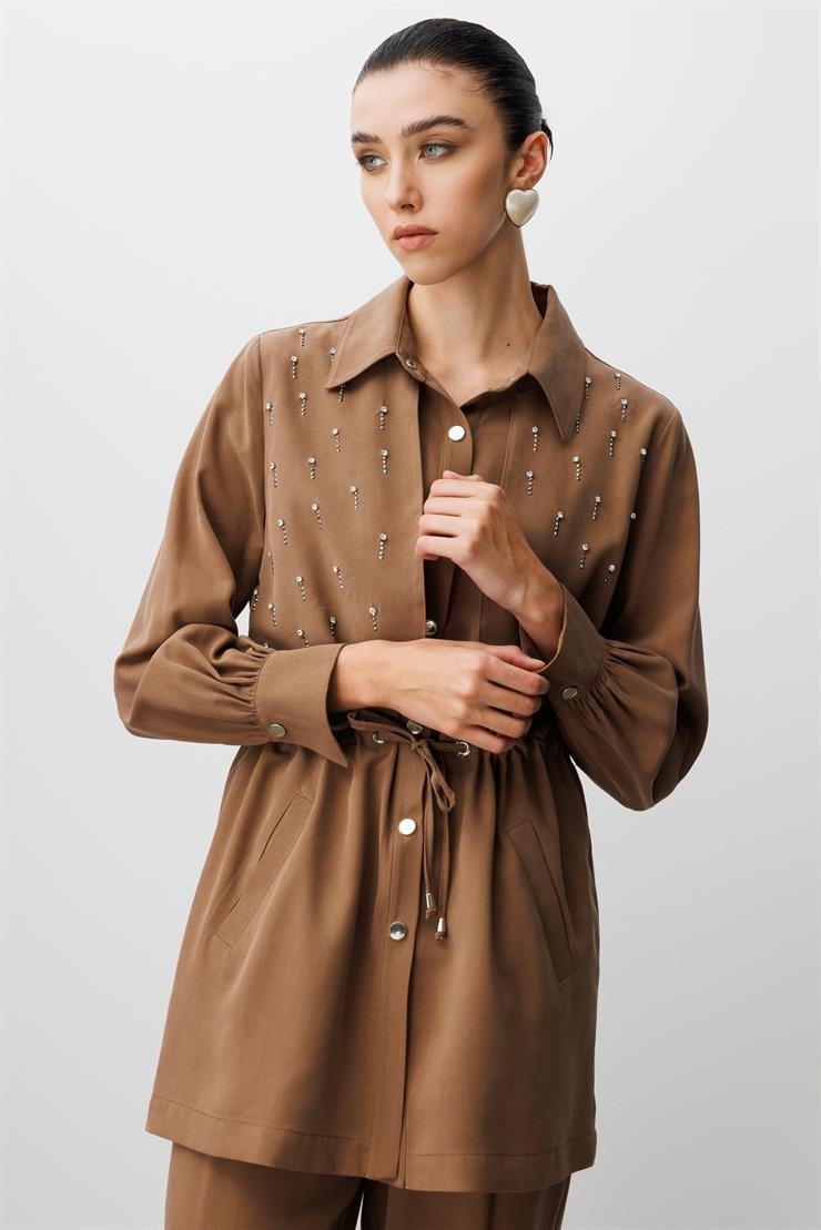 Modailgi  Beli Tünel Bağlama Rüzgarlık Detaylı ve Taşlı Tunik - 40040 Vizon