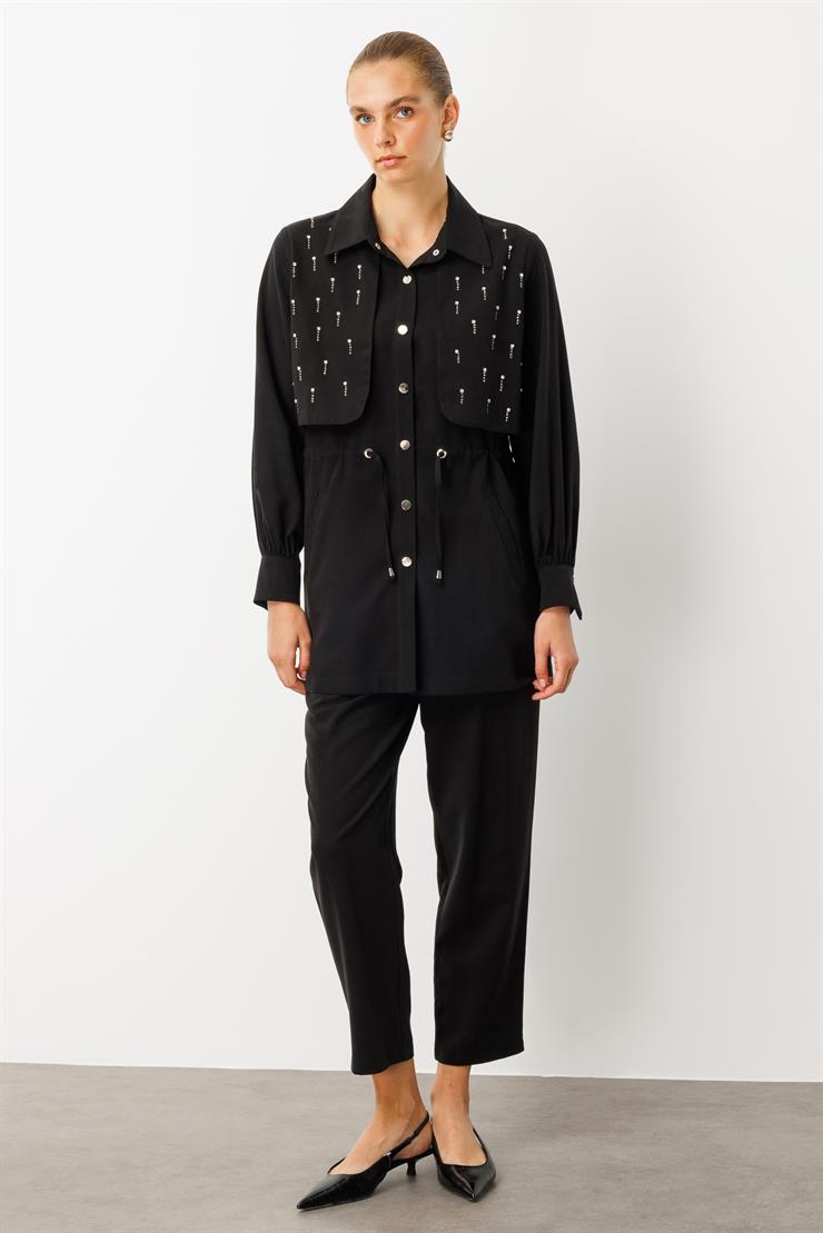 Modailgi  Beli Tünel Bağlama Rüzgarlık Detaylı ve Taşlı Tunik - 40040 Siyah