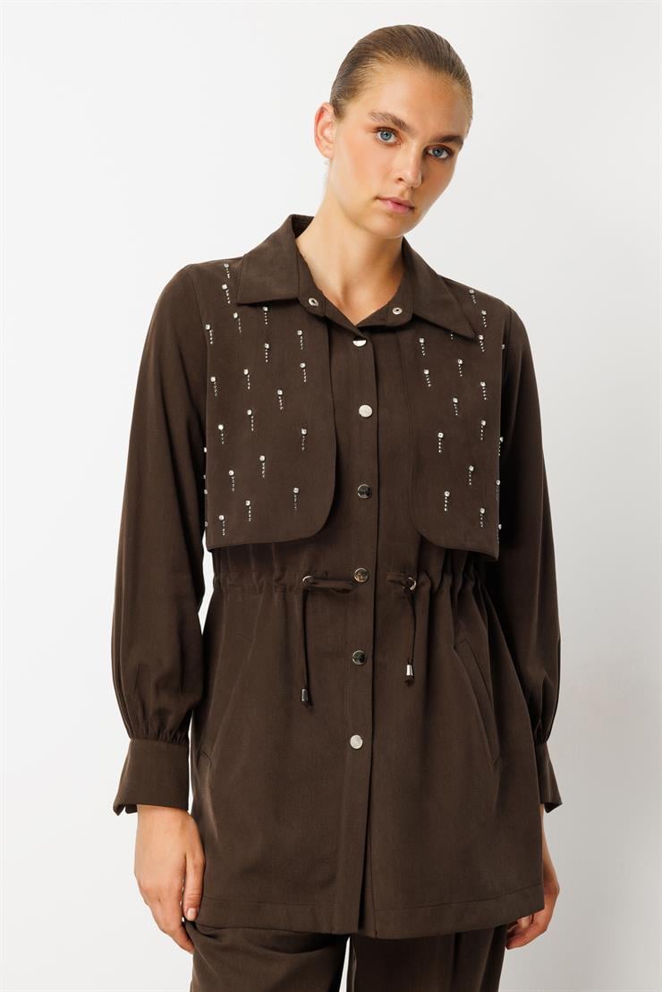 Modailgi  Beli Tünel Bağlama Rüzgarlık Detaylı ve Taşlı Tunik - 40040 Kahve