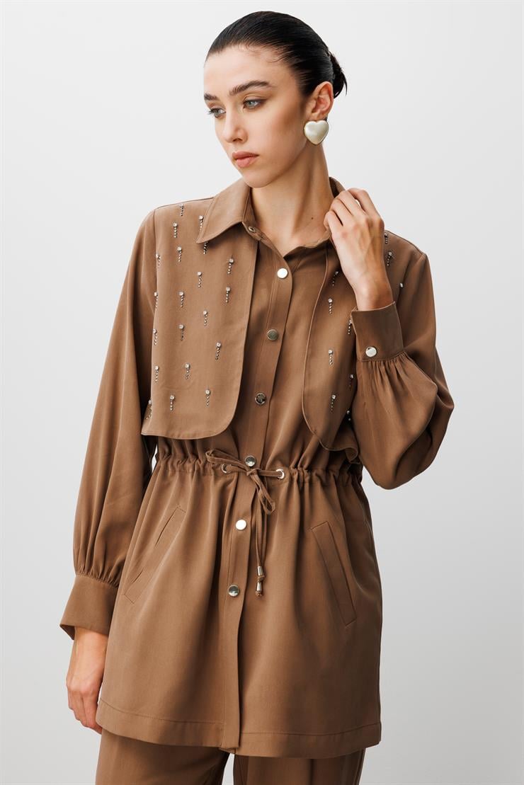 Modailgi  Beli Tünel Bağlama Rüzgarlık Detaylı ve Taşlı Tunik - 40040 Vizon