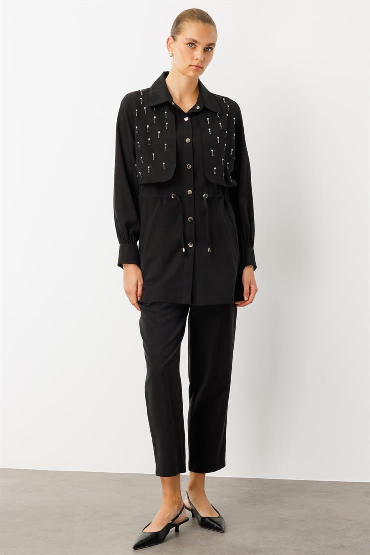 Modailgi  Beli Tünel Bağlama Rüzgarlık Detaylı ve Taşlı Tunik - 40040 Siyah