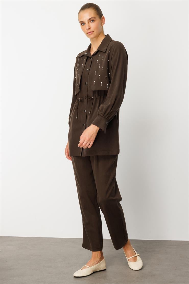 Modailgi  Beli Tünel Bağlama Rüzgarlık Detaylı ve Taşlı Tunik - 40040 Kahve