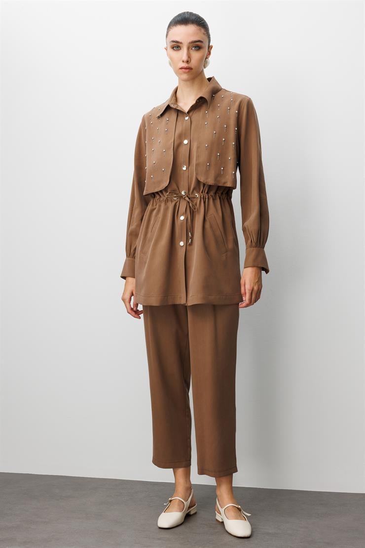 Modailgi  Beli Tünel Bağlama Rüzgarlık Detaylı ve Taşlı Tunik - 40040 Vizon