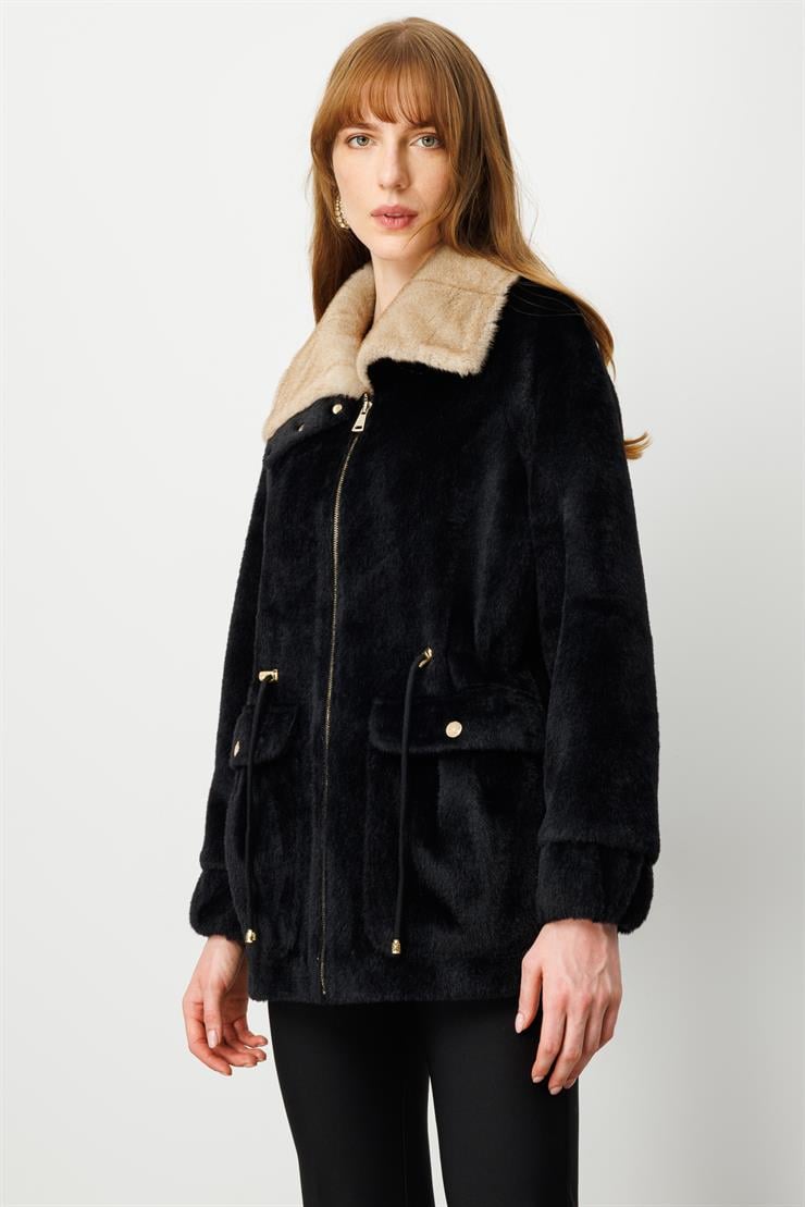 Modailgi  Beli Tünelli Çıtçıt ve Fermuar Kapamalı Alcantara Kaban Siyah