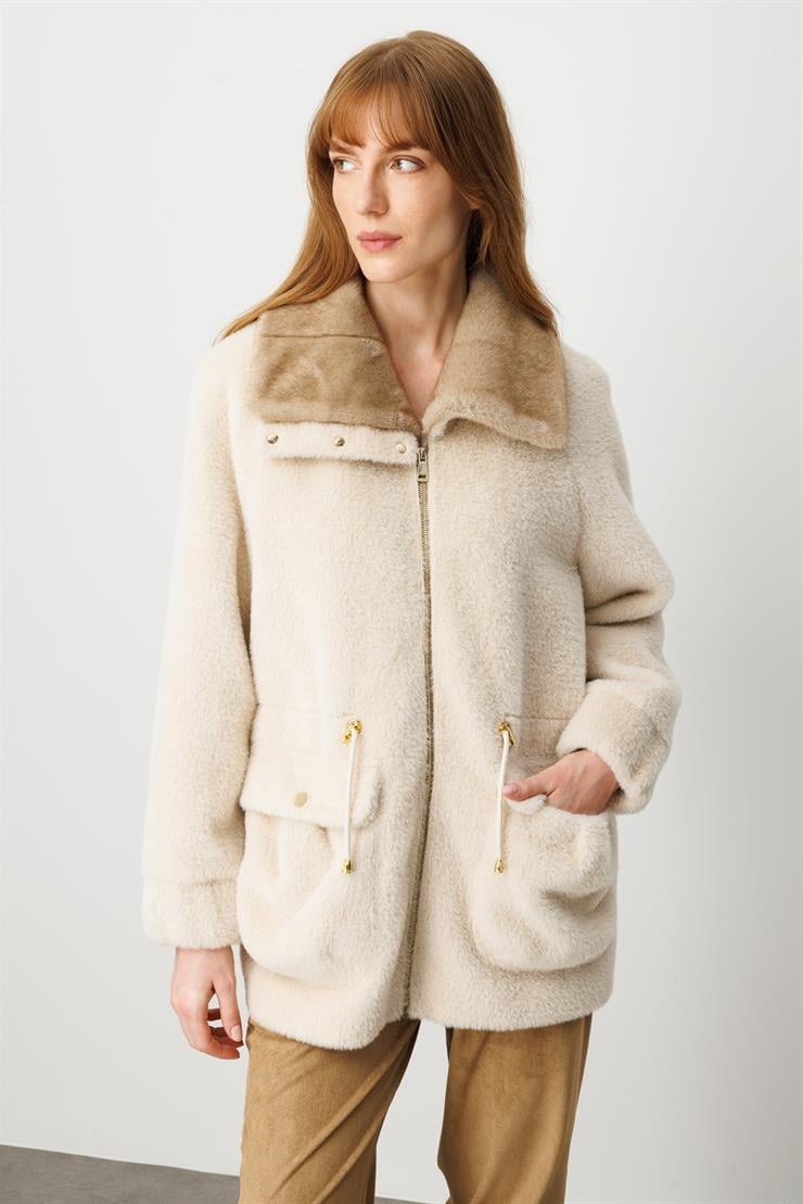 Modailgi  Beli Tünelli Çıtçıt ve Fermuar Kapamalı Alcantara Kaban Camel