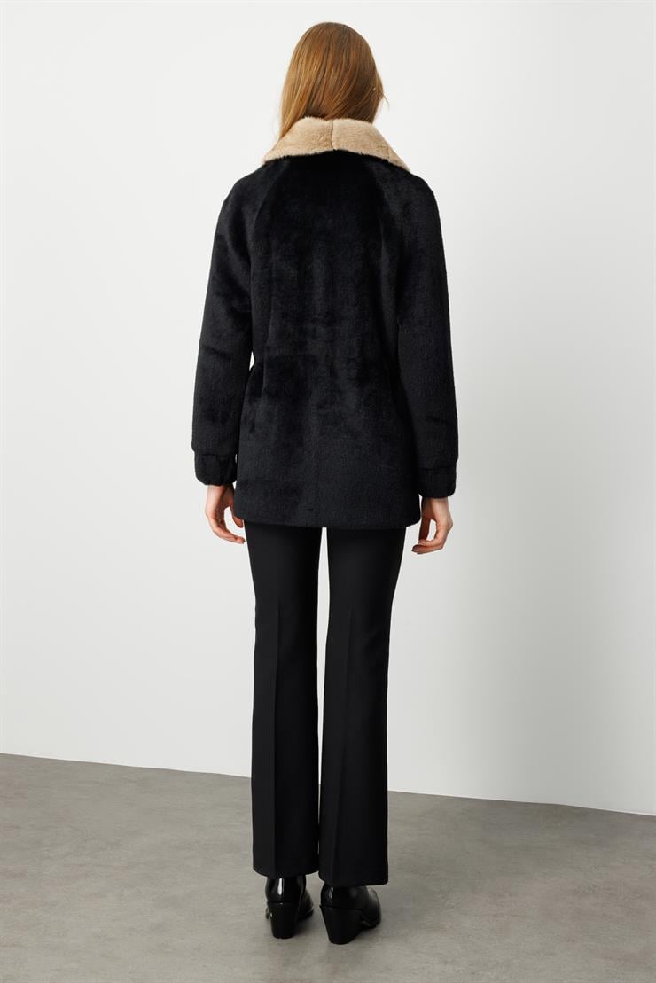 Modailgi  Beli Tünelli Çıtçıt ve Fermuar Kapamalı Alcantara Kaban Siyah