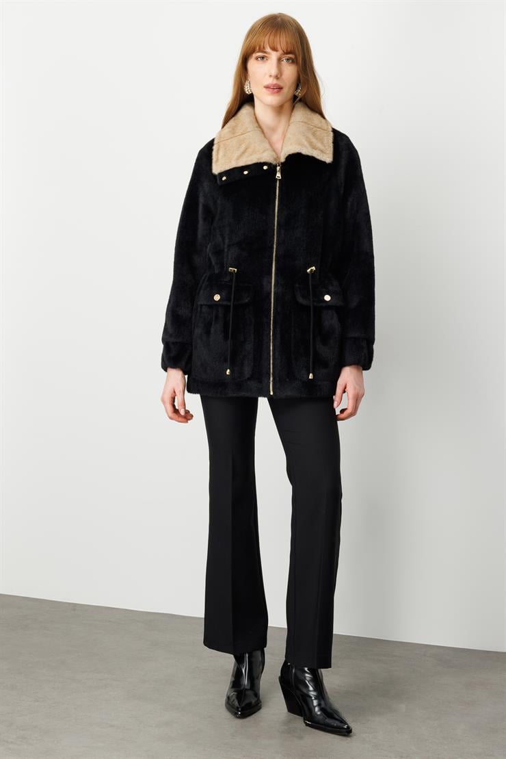 Modailgi  Beli Tünelli Çıtçıt ve Fermuar Kapamalı Alcantara Kaban Siyah