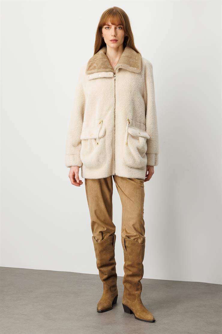 Modailgi  Beli Tünelli Çıtçıt ve Fermuar Kapamalı Alcantara Kaban Camel