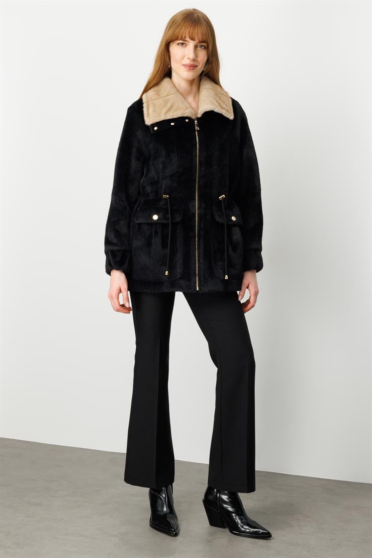 Modailgi  Beli Tünelli Çıtçıt ve Fermuar Kapamalı Alcantara Kaban Siyah