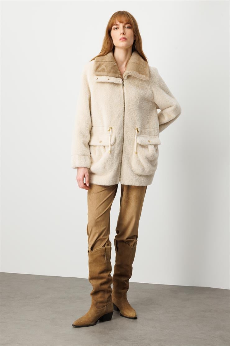 Modailgi  Beli Tünelli Çıtçıt ve Fermuar Kapamalı Alcantara Kaban Camel