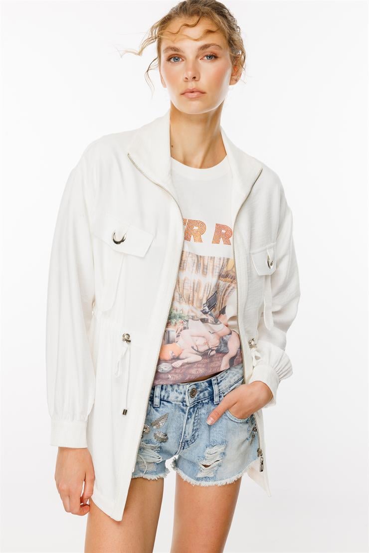 Modailgi  Beli Tünelli Dik Yaka Kısa Tunik Ekru