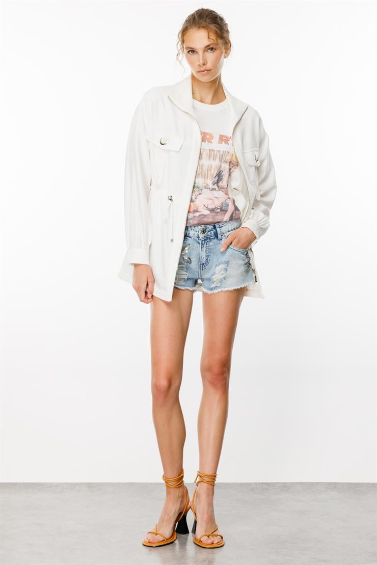 Modailgi  Beli Tünelli Dik Yaka Kısa Tunik Ekru