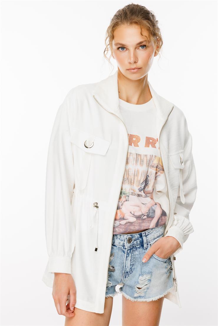 Modailgi  Beli Tünelli Dik Yaka Kısa Tunik Ekru