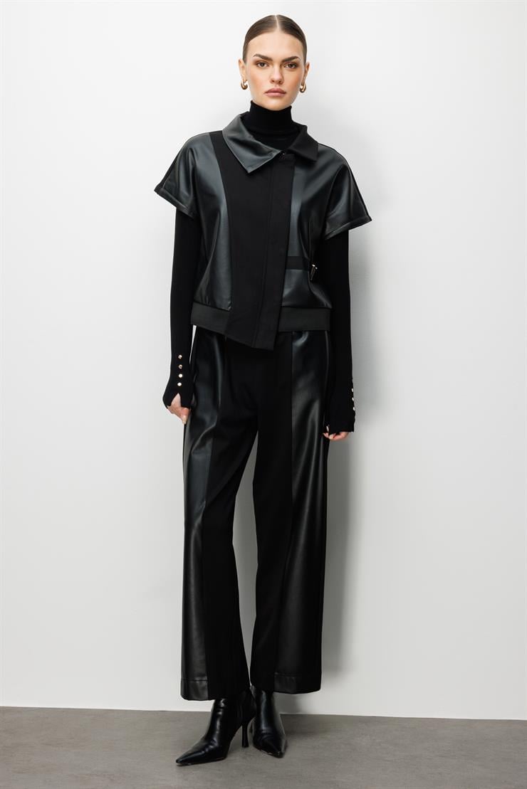 Modailgi  Belinde Tokalı Deri Detaylı Krop Tunik - 40072 Siyah