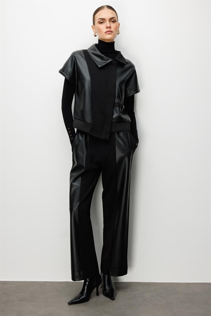 Modailgi  Belinde Tokalı Deri Detaylı Krop Tunik - 40072 Siyah