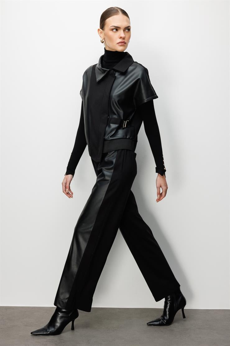 Modailgi  Belinde Tokalı Deri Detaylı Krop Tunik - 40072 Siyah