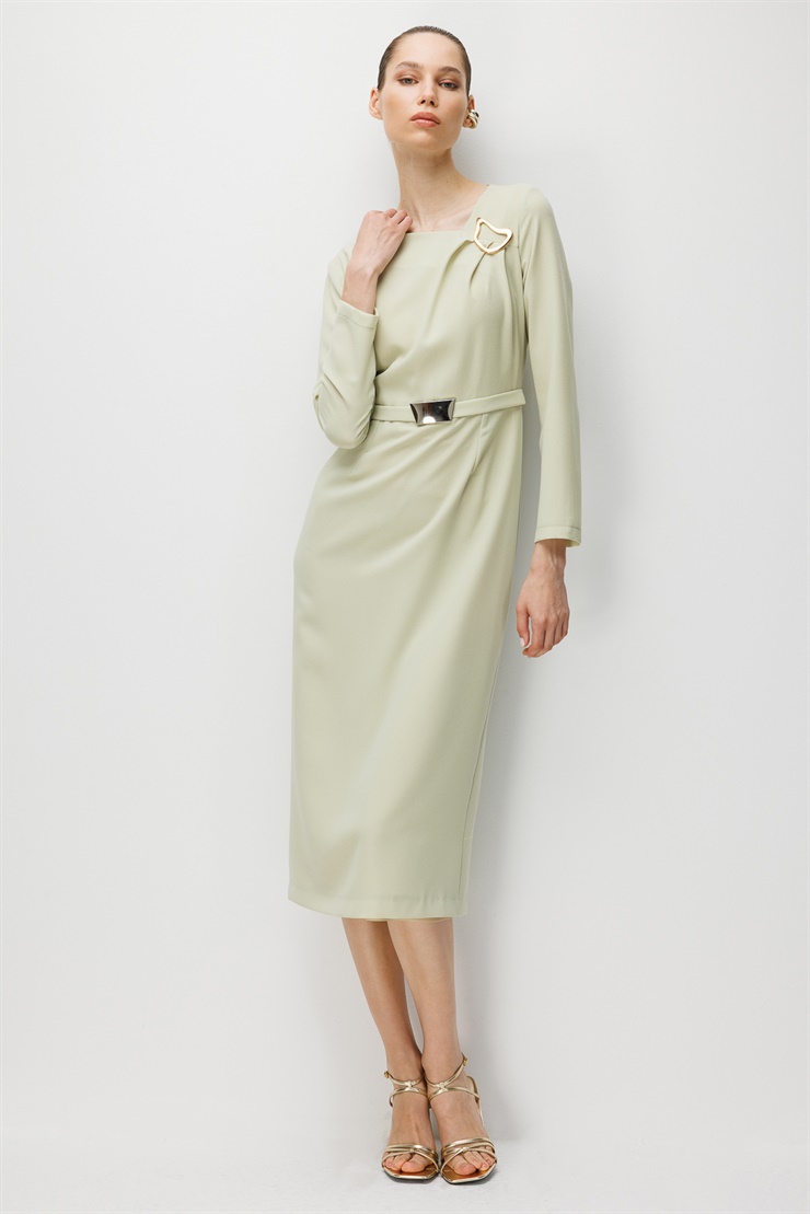 Modailgi  Belinde ve Omuzunda Metal Aksesuar Detaylı Elbise Mint