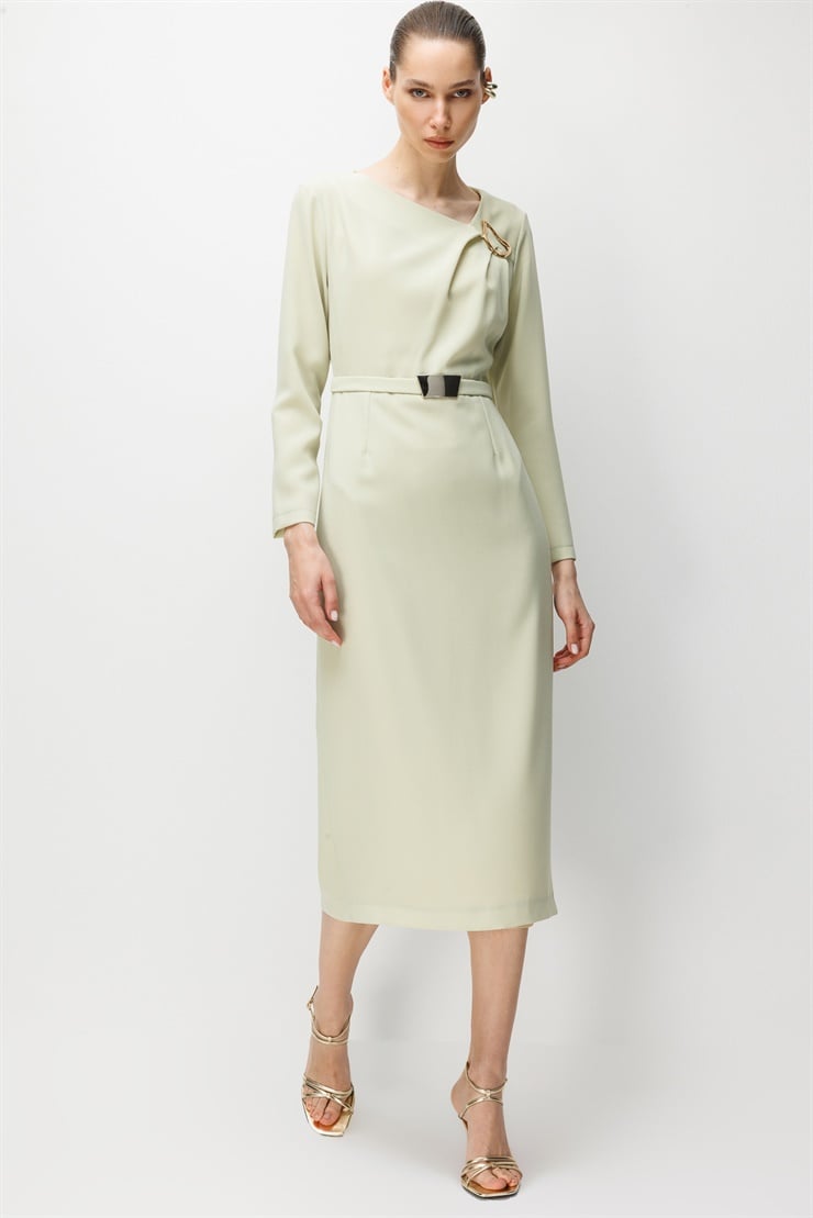 Modailgi  Belinde ve Omuzunda Metal Aksesuar Detaylı Elbise Mint