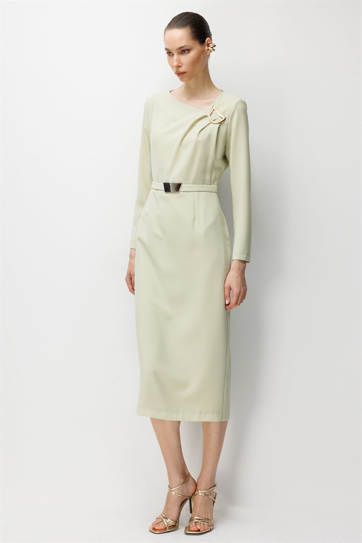 Modailgi  Belinde ve Omuzunda Metal Aksesuar Detaylı Elbise Mint