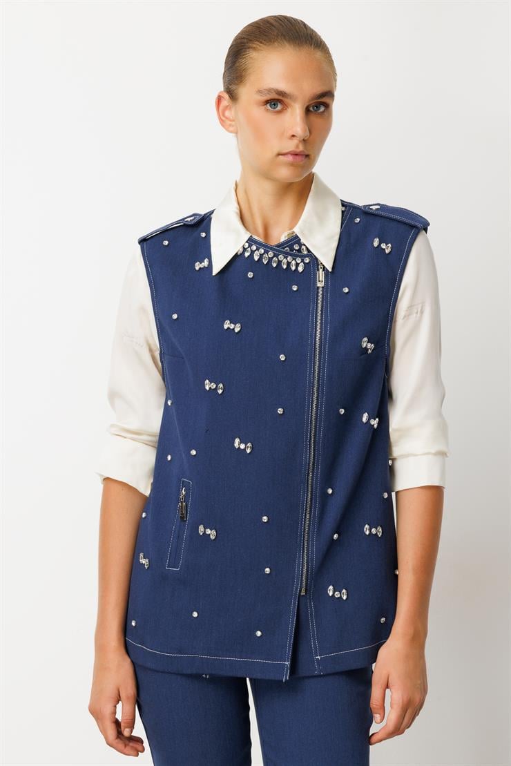 Modailgi  Beyoğlu Taş Detaylı Önü Fermuarlı Omuzları Apoletli Yelek - 47002 İndigo