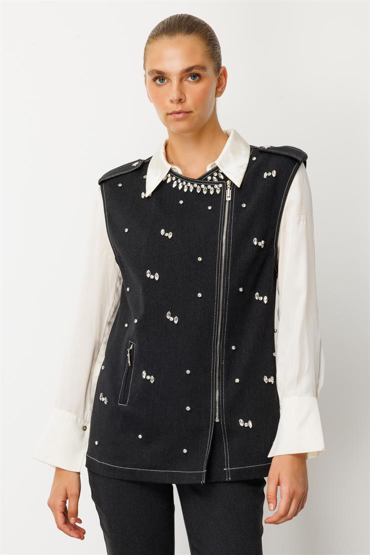 Modailgi  Beyoğlu Taş Detaylı Önü Fermuarlı Omuzları Apoletli Yelek - 47002 Siyah