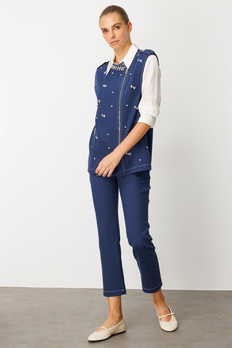 Modailgi  Beyoğlu Taş Detaylı Önü Fermuarlı Omuzları Apoletli Yelek - 47002 İndigo