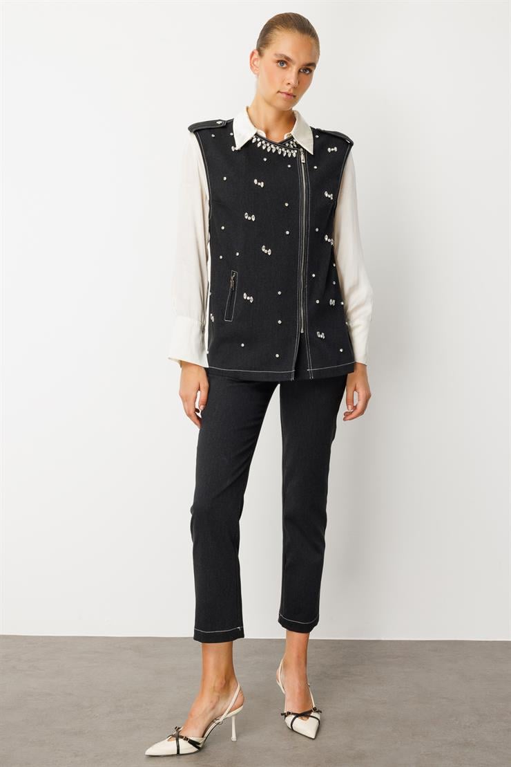 Modailgi  Beyoğlu Taş Detaylı Önü Fermuarlı Omuzları Apoletli Yelek - 47002 Siyah