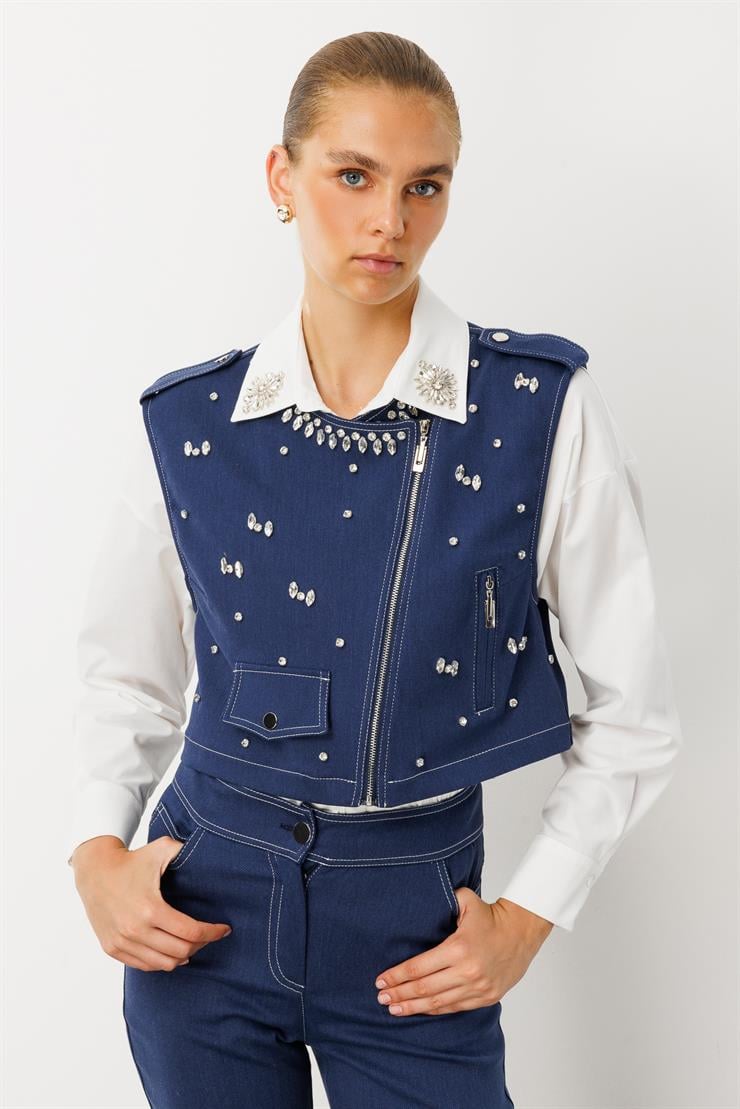 Modailgi  Beyoğlu Taşlı Fermuar Detaylı Crop Yelek - 47001 İndigo