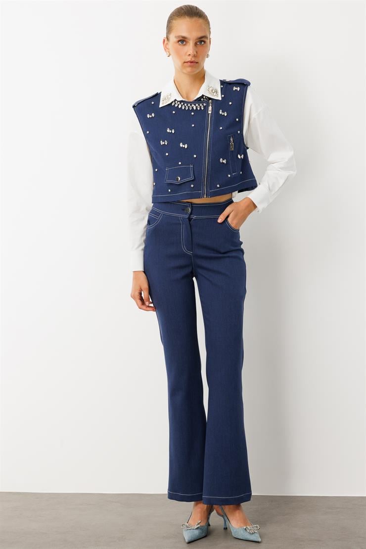 Modailgi  Beyoğlu Taşlı Fermuar Detaylı Crop Yelek - 47001 İndigo