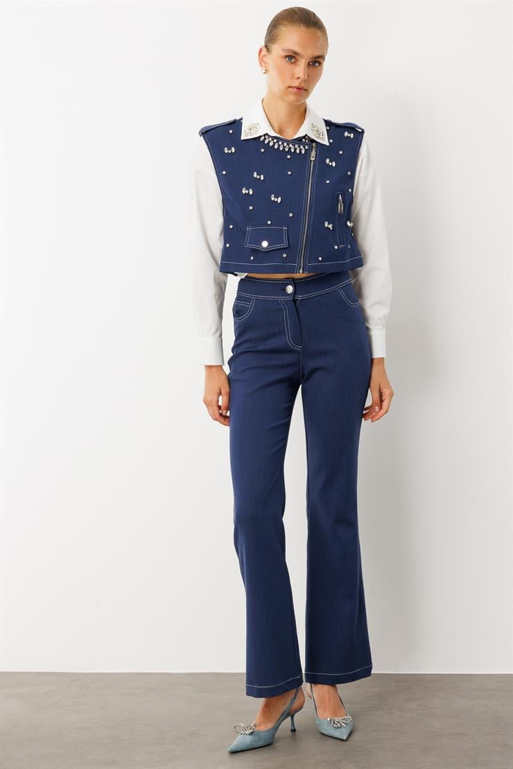Modailgi  Beyoğlu Taşlı Fermuar Detaylı Crop Yelek - 47001 İndigo